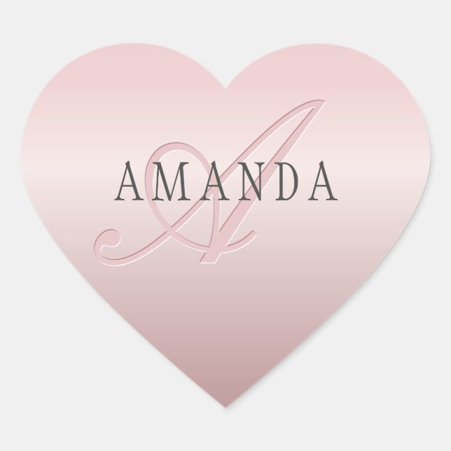Elegant Blush Faux Rose Gold | Name & Monogram Heart Sticker (Front)