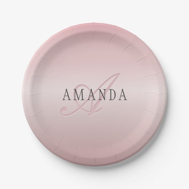Elegant Blush Faux Rose Gold | Name & Monogram Paper Plate (Front)