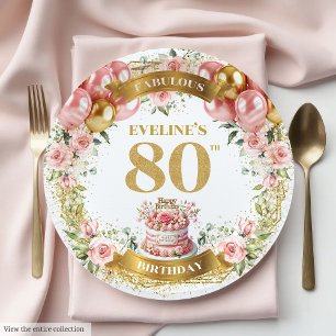Elegant Blush Floral 80th Birthday Paper Plates