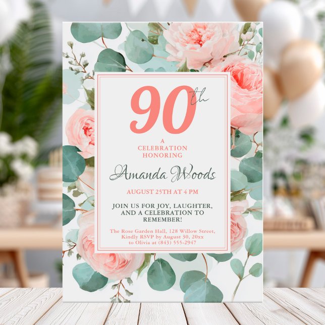 Elegant blush floral 90th birthday with roses invitation (Creator Uploaded)