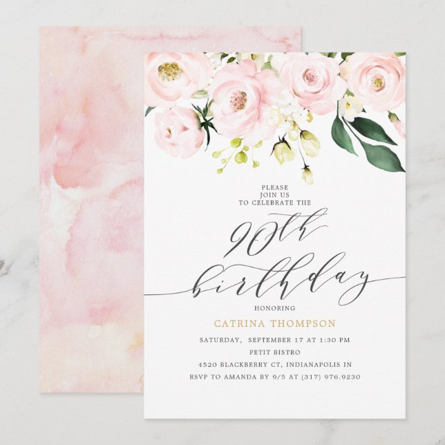 Elegant  Blush Floral and Eucalyptus 90th Birthday Invitation (Front/Back)