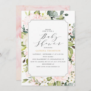 Elegant Blush Floral and Eucalyptus Baby Shower Invitation