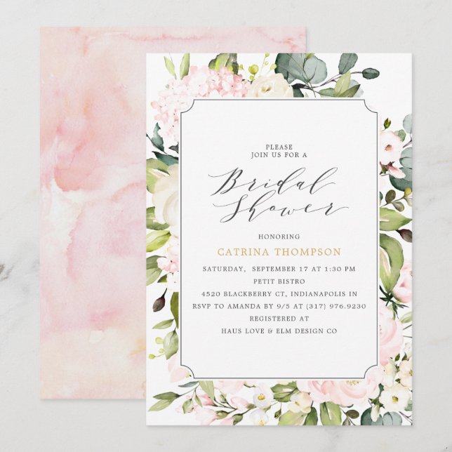 Elegant  Blush Floral and Eucalyptus Bridal Shower Invitation (Front/Back)