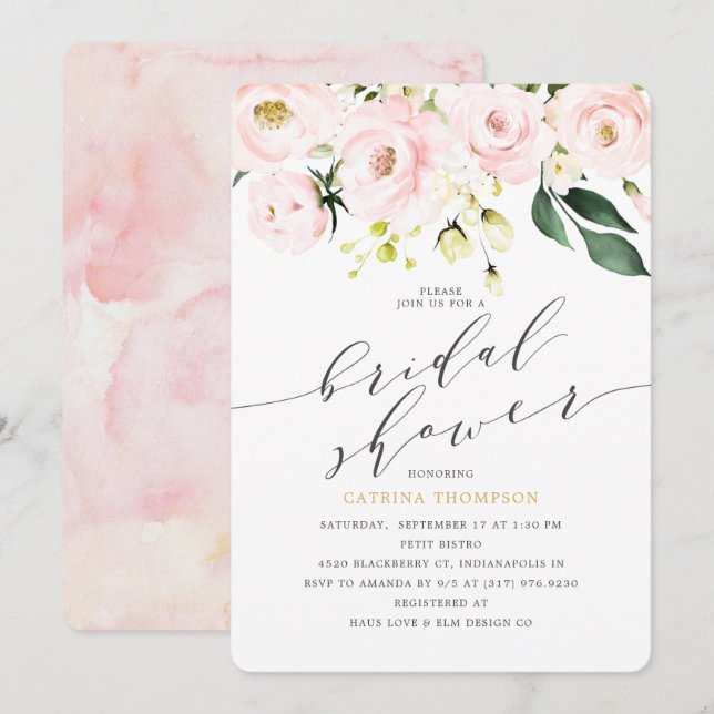 Elegant  Blush Floral and Eucalyptus Bridal Shower Invitation (Front/Back)