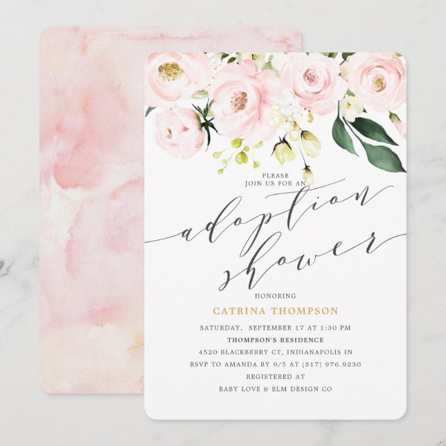 Elegant  Blush Floral and Greenery Adoption Shower Invitation (Front/Back)