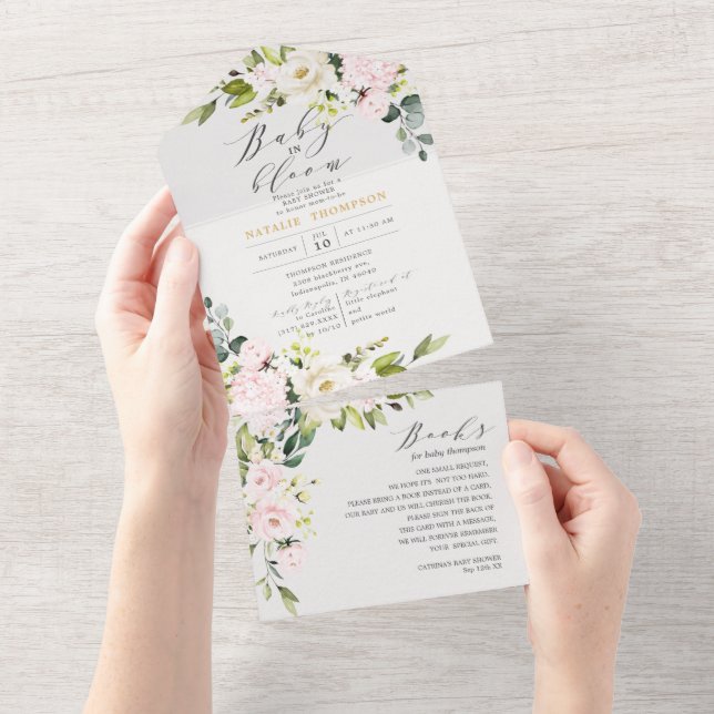 Elegant Blush Floral Baby Shower & Books All In One Invitation (Tearaway)