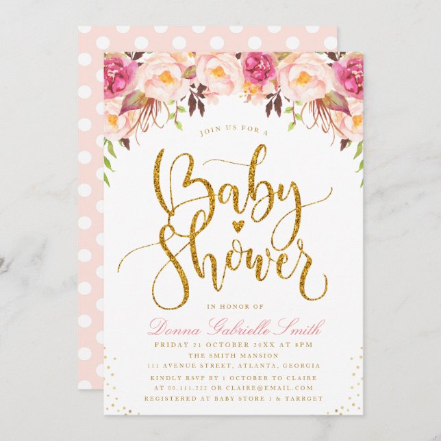 Elegant blush floral Baby shower invitation (Front/Back)