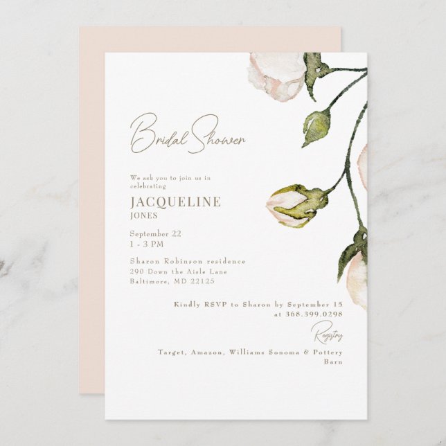 Elegant Blush Floral Bridal Shower Invitation (Front/Back)
