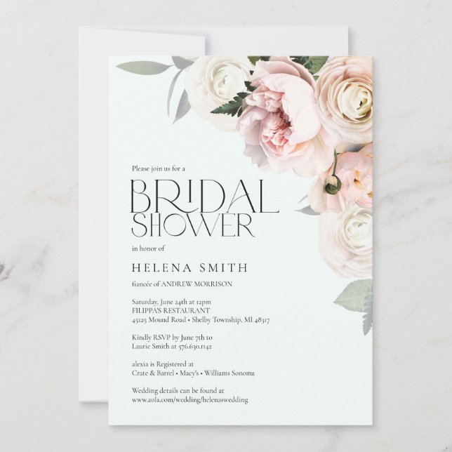 Elegant Blush Floral Bridal Shower Invite feminine (Front)