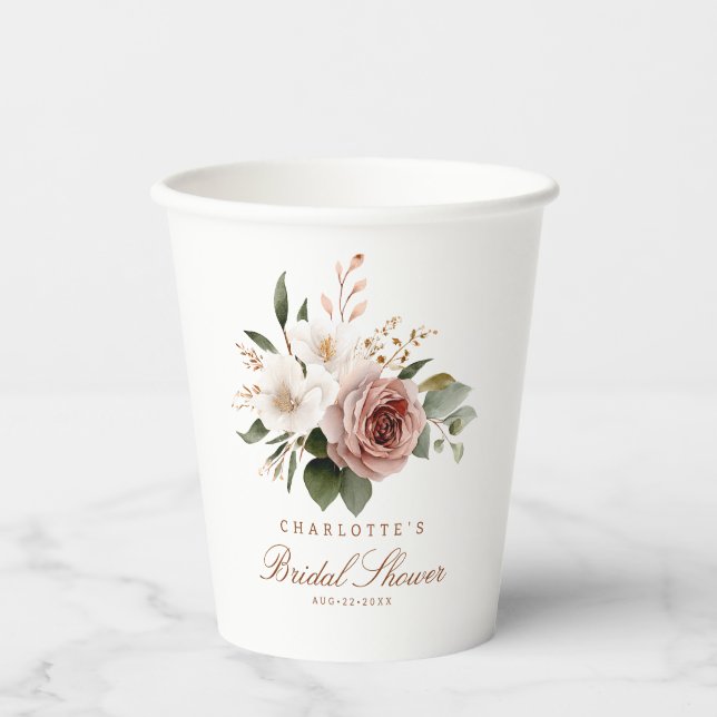Elegant Blush Floral Bridal Shower Paper Cups (Front)