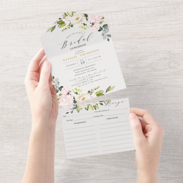 Elegant Blush Floral Bridal Shower & Recipe All In One Invitation (Tearaway)