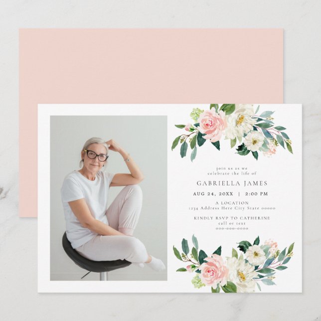 Elegant Blush Floral Celebration of Life Funeral Invitation (Front/Back)