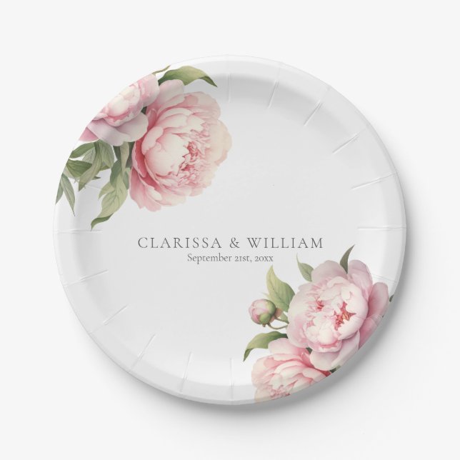 Elegant Blush Floral Charcoal White Modern Wedding Paper Plate (Front)