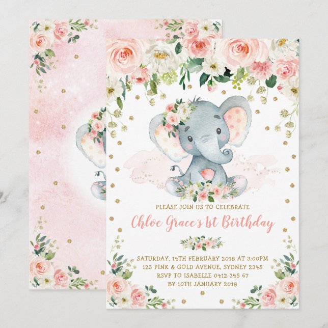 Elegant Blush Floral Elephant Girl 1st Birthday Invitation (Front/Back)