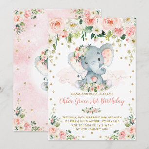 Elegant Blush Floral Elephant Girl 1st Birthday Invitation