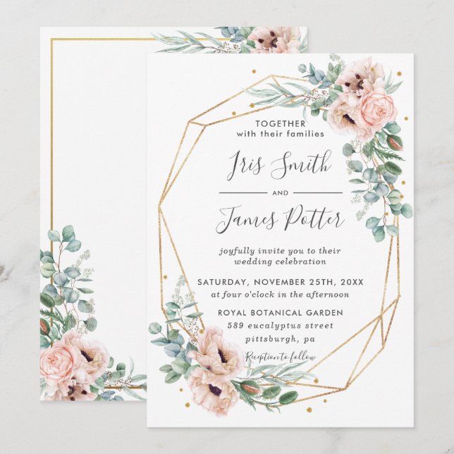 Elegant Blush Floral Eucalyptus Geometric Gold Invitation (Front/Back)