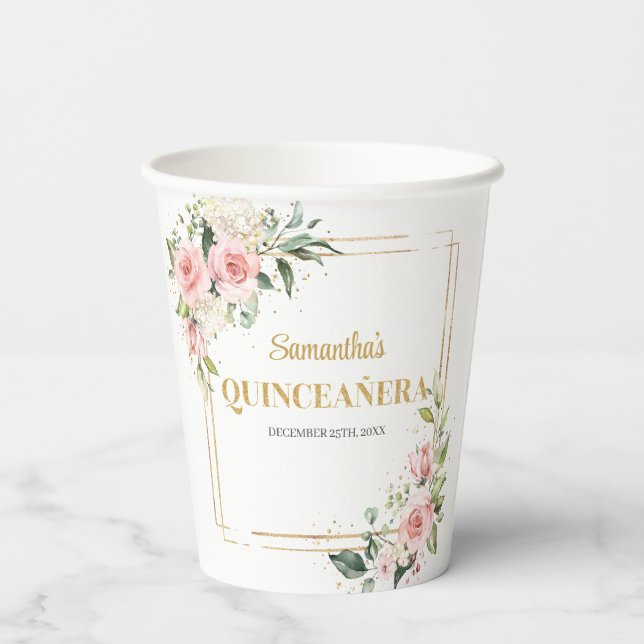 Elegant Blush floral eucalyptus gold quinceanera Paper Cups (Back)