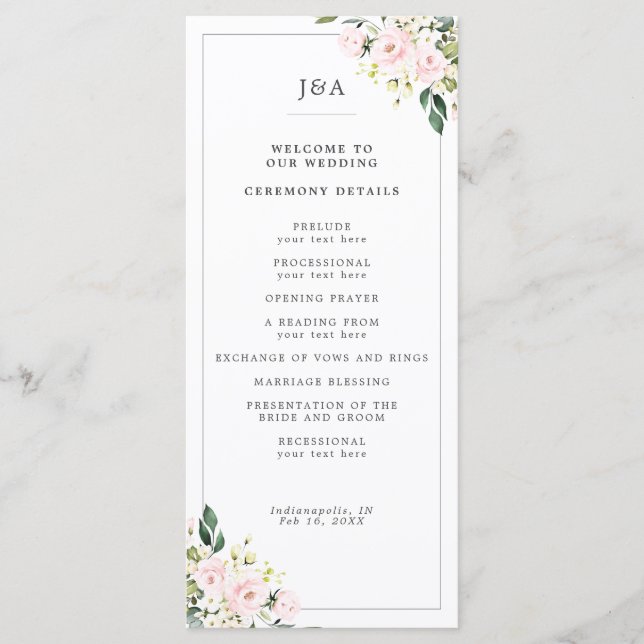 Elegant Blush Floral Eucalyptus Greenery Wedding Programme (Front)