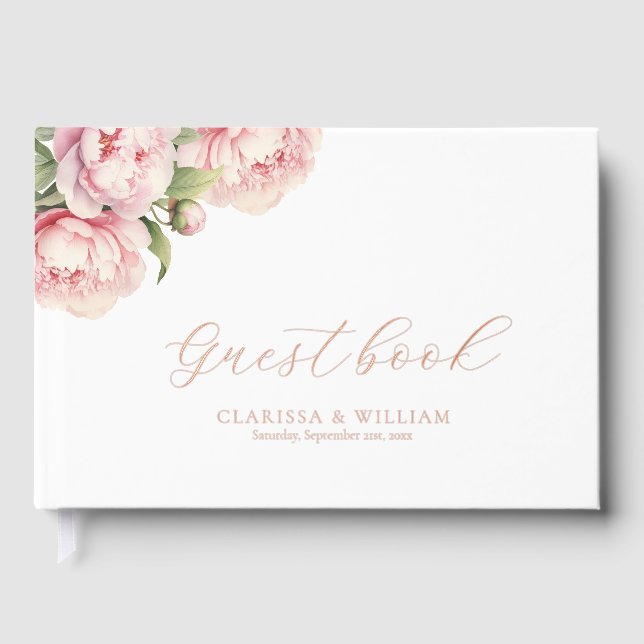 Elegant Blush Floral Foil White Modern Wedding Guest Book (Front)