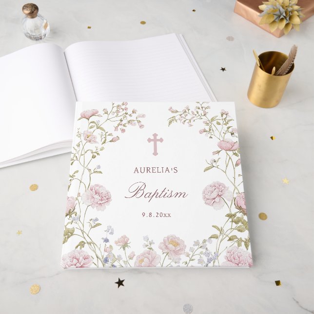 Elegant Blush Floral Frame Baptism Guest Book (Front Open)