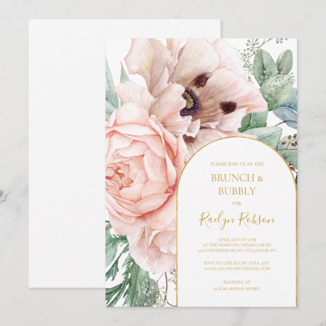 Elegant Blush Floral Garden | Brunch and Bubbly Invitation (Front/Back)