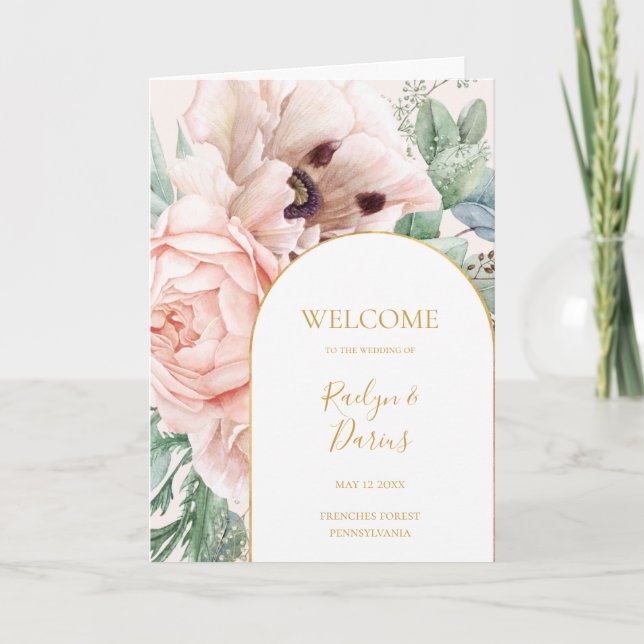 Elegant Blush Floral Garden Pastel Folded Wedding Programme (Front)