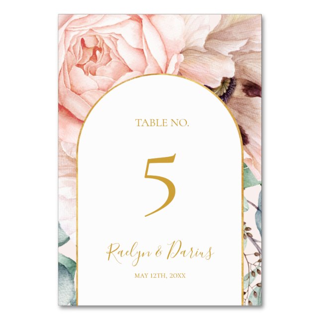 Elegant Blush Floral Garden | Pastel Table Number (Front)