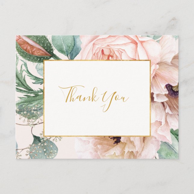 Elegant Blush Floral Garden | Pastel Thank You Postcard (Front)