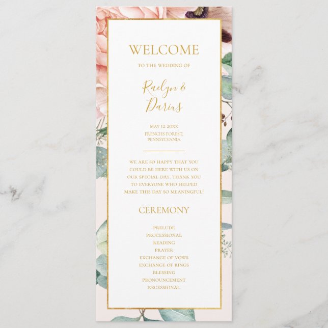 Elegant Blush Floral Garden | Pastel Wedding Programme (Front)