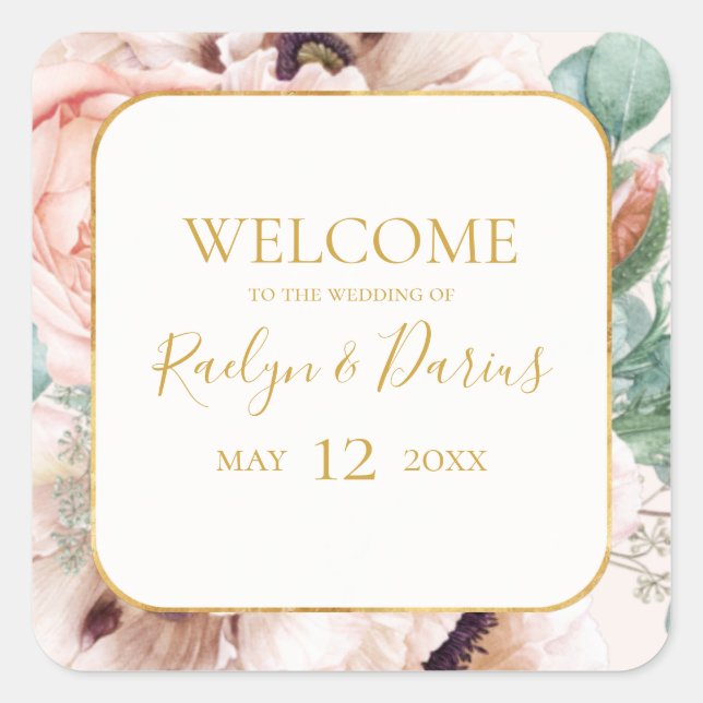 Elegant Blush Floral Garden Pastel Wedding Welcome Square Sticker (Front)