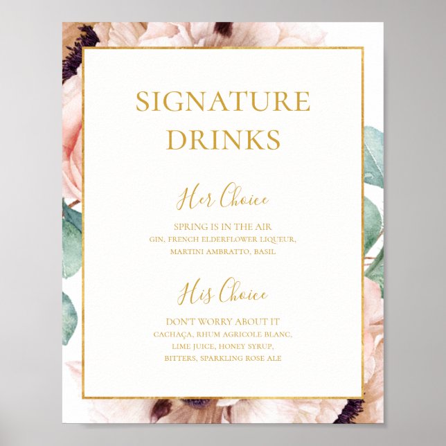Elegant Blush Floral Garden Signature Drinks Sign (Front)