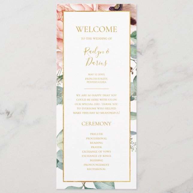 Elegant Blush Floral Garden | Wedding Program Programme (Front)