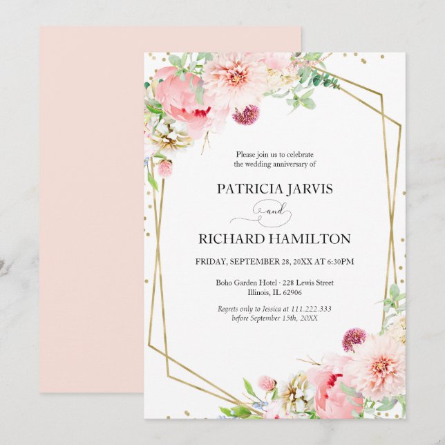 Elegant Blush Floral Geometric Wedding Anniversary Invitation (Front/Back)