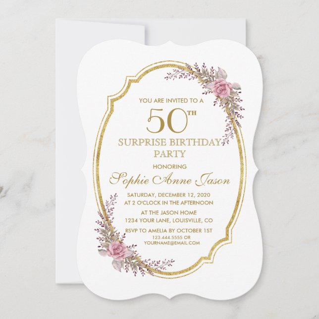 Elegant Blush Floral Gold 50th Surprize Birthday Invitation (Front)