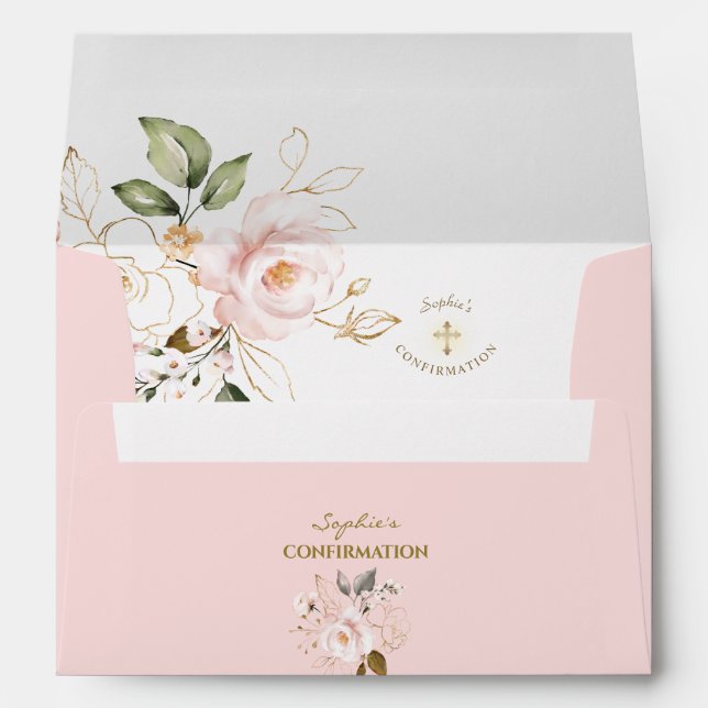 Elegant Blush Floral Gold Cross Girl Confirmation Envelope (Back (Bottom))