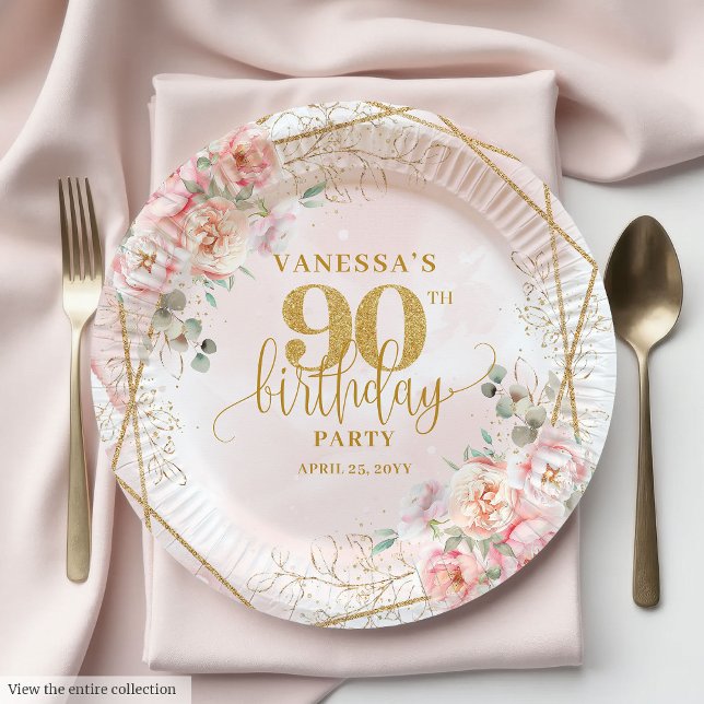 Elegant Blush Floral Gold Frame 90th Birthday Plat Paper Plate (Elegant Blush Floral Gold Frame 90th Birthday Plates)