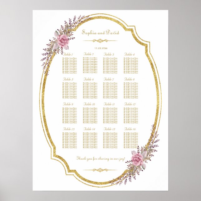Elegant Blush Floral Gold Frame Seating Chart (Front)