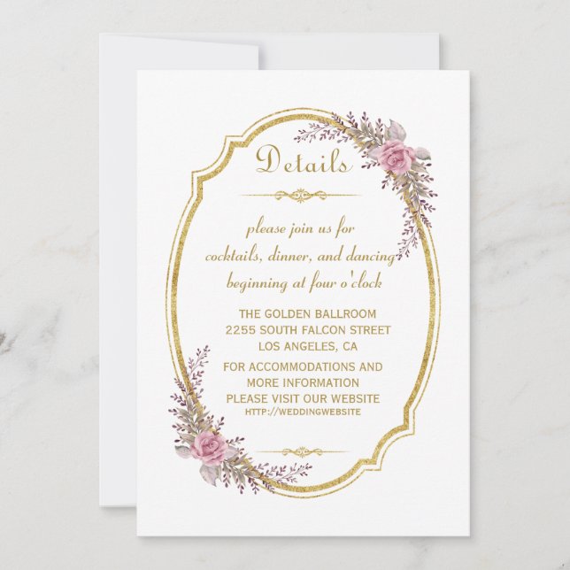 Elegant Blush Floral Gold Frame Wedding Details Invitation (Front)