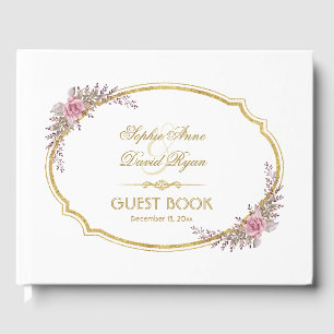 Elegant Blush Floral Gold Frame Wedding Guest Book
