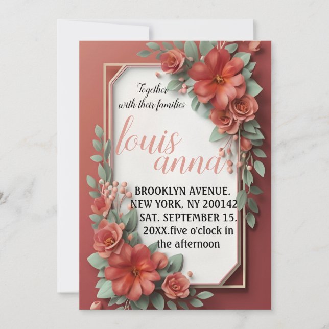 Elegant Blush Floral Gold Frame Wedding Invitation (Front)