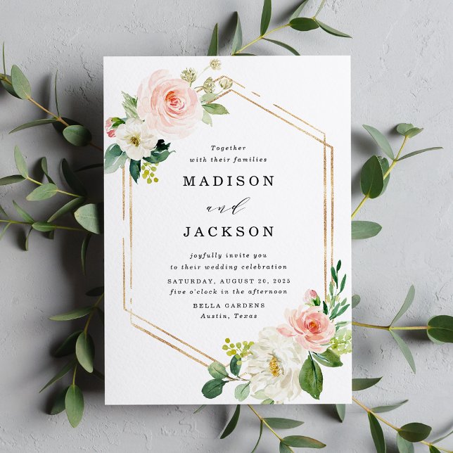 Elegant Blush Floral Gold Frame Wedding Invitation (Creator Uploaded)