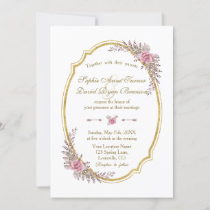 Elegant Blush Floral Gold Frame Wedding Invite