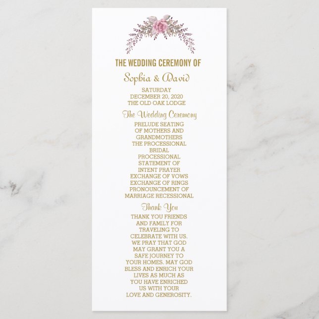 Elegant Blush Floral Gold Frame Wedding Program Programme (Front)