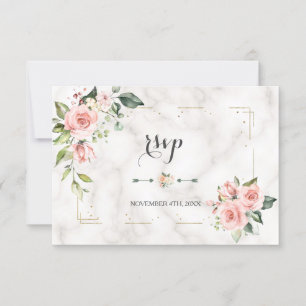 Elegant Blush Floral Gold Glitter Marble Wedding RSVP Card
