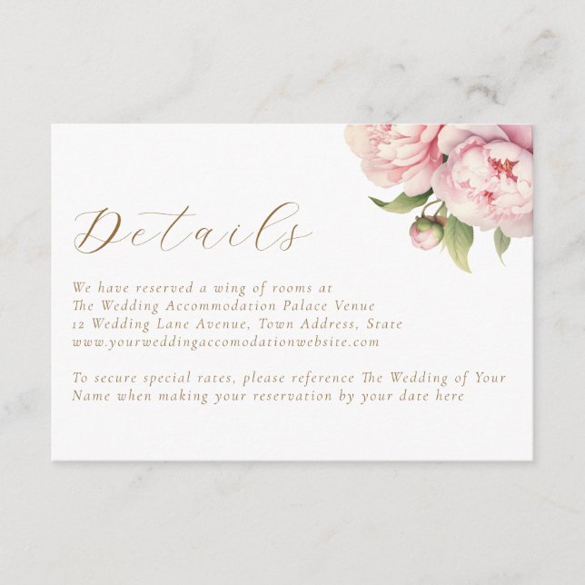 Elegant Blush Floral Gold Wedding Details  Enclosure Card (Front)