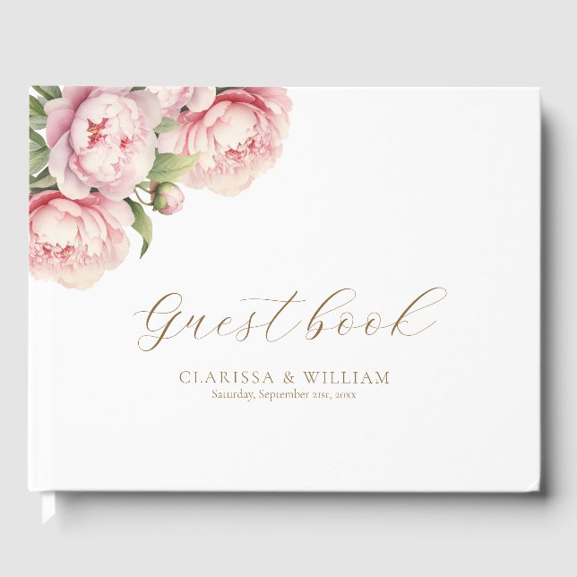 Elegant Blush Floral Gold White Modern Wedding Guest Book (Front)