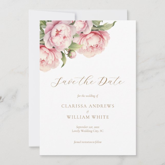 Elegant Blush Floral Gold White Modern Wedding Save The Date (Front)
