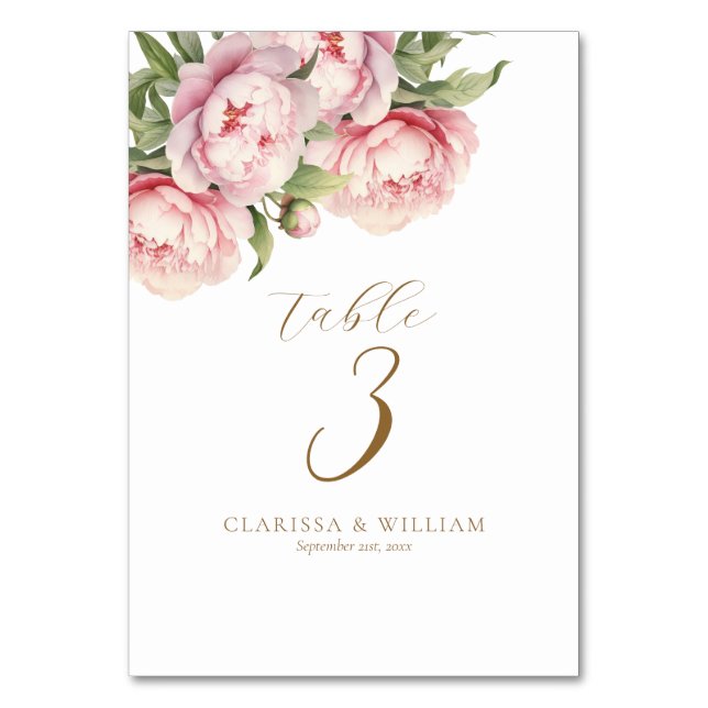 Elegant Blush Floral Gold White Modern Wedding Table Number (Front)