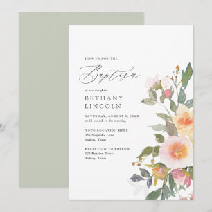 Elegant Blush Floral Greenery Girl Baptism Invitation
