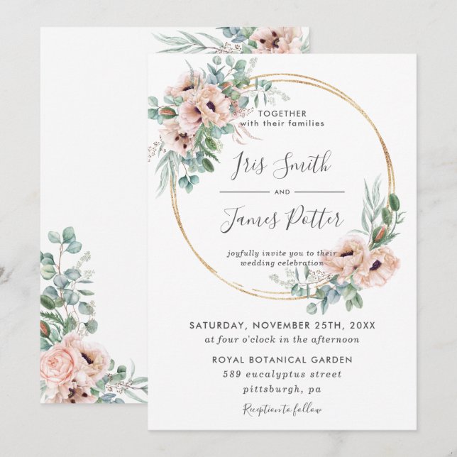 Elegant Blush Floral Greenery Gold Frame Wedding Invitation (Front/Back)
